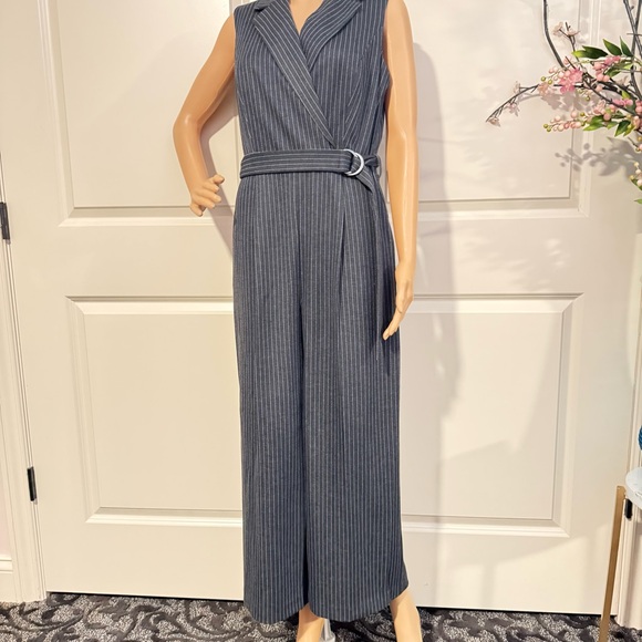 New Calvin Klein Stripe Belted Sleeveless Jumpsuit - Picture 6 of 7